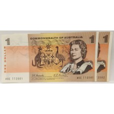 AUSTRALIA 1968 . ONE 1 DOLLAR BANKNOTES . COOMBS/RANDALL . CONSEC PAIR . FIRST PREFIX AGE